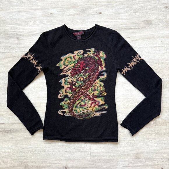 Raw 7 Vintage Cashmere Sweater Dragon Black Retro Medium - Picture 9 of 9